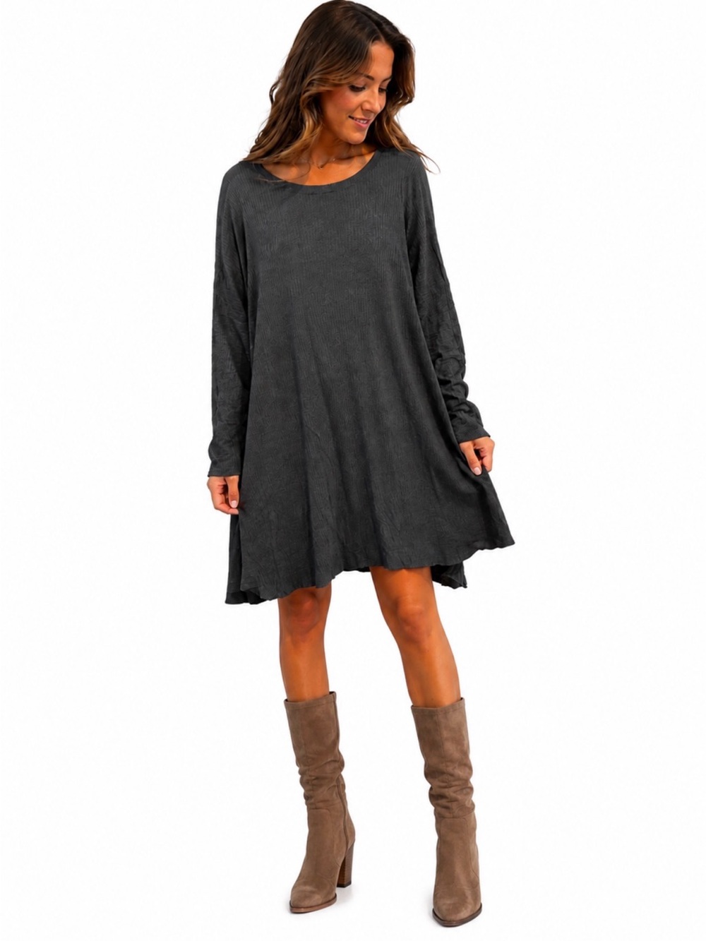 NWOT - Go Couture Dark Charcoal Long Sleeve Swing Dress - Size XL - PTP 33’’